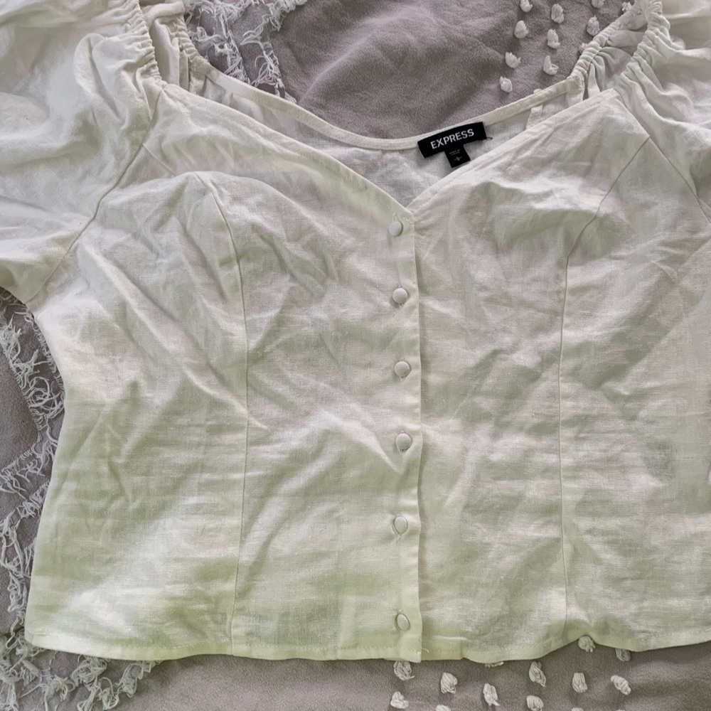 EXPRESS white linen blend puffsleeve crop top sz L